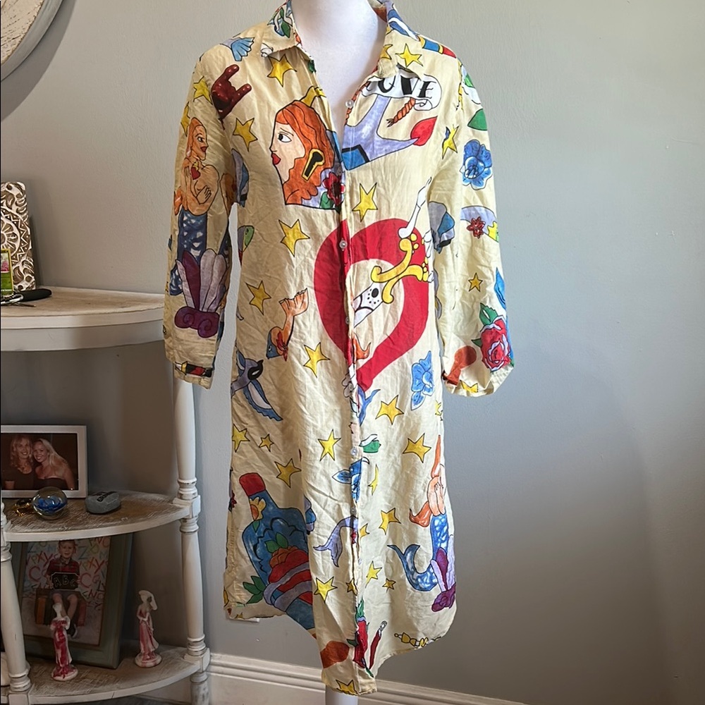 [Antica Santoria] Colorful Graphic Print Shirt Dress - Size Small/Medium